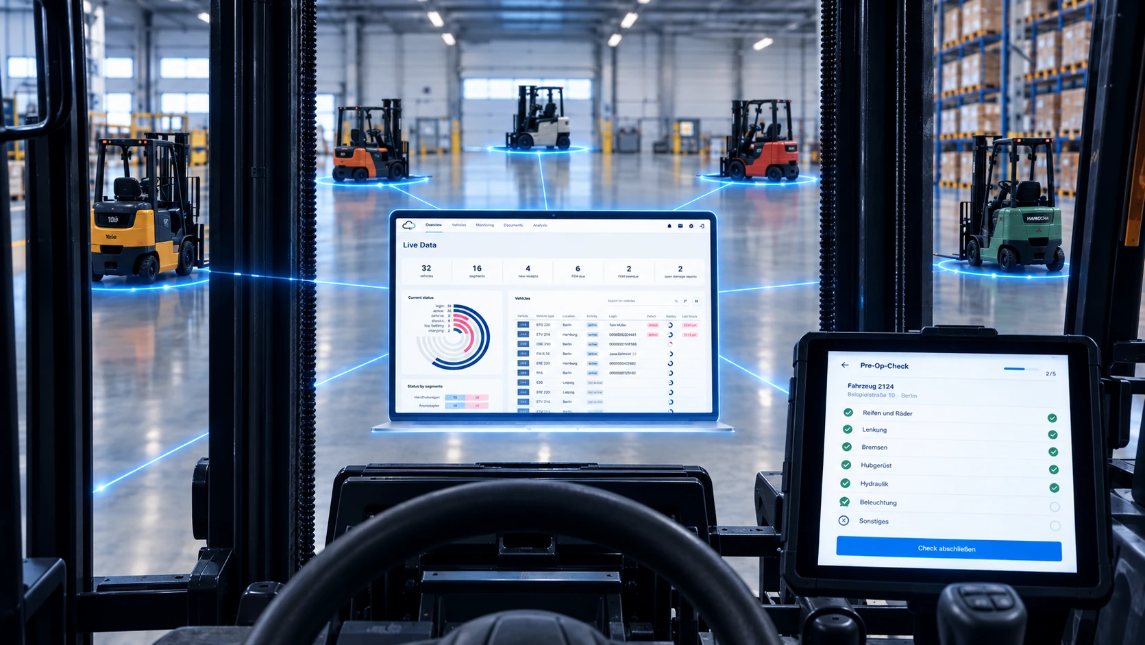 Blick aus dem Fahrerstand eines Gabelstaplers in eine Halle: Die Fahrzeuge sind über ein Netz verbunden, in der Mitte das ForkX-Dashboard mit Flottenübersicht, rechts am Fahrzeug das Tablet mit dem Pre-Op-Check.