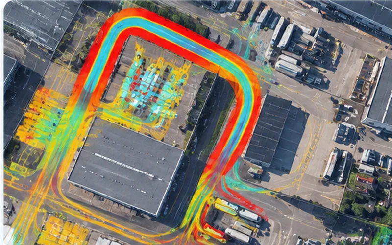 Bewegungskarte einer Materialfluss-Analyse über einem Werksgelände