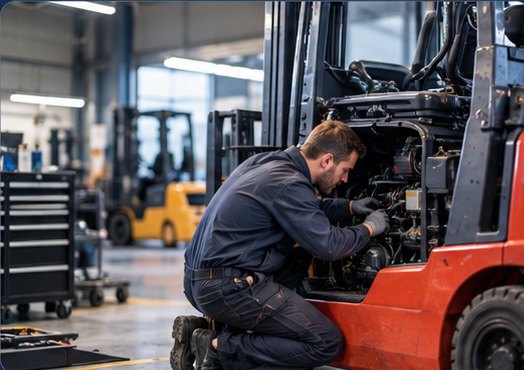 Ein Mechaniker repariert den Motor eines Staplers in der Werkstatt